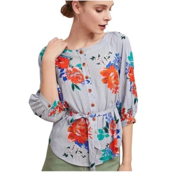 Anthropologie Maeve Lillorne Striped & Floral Button Blouse with Waist Tie - Picture 1 of 13
